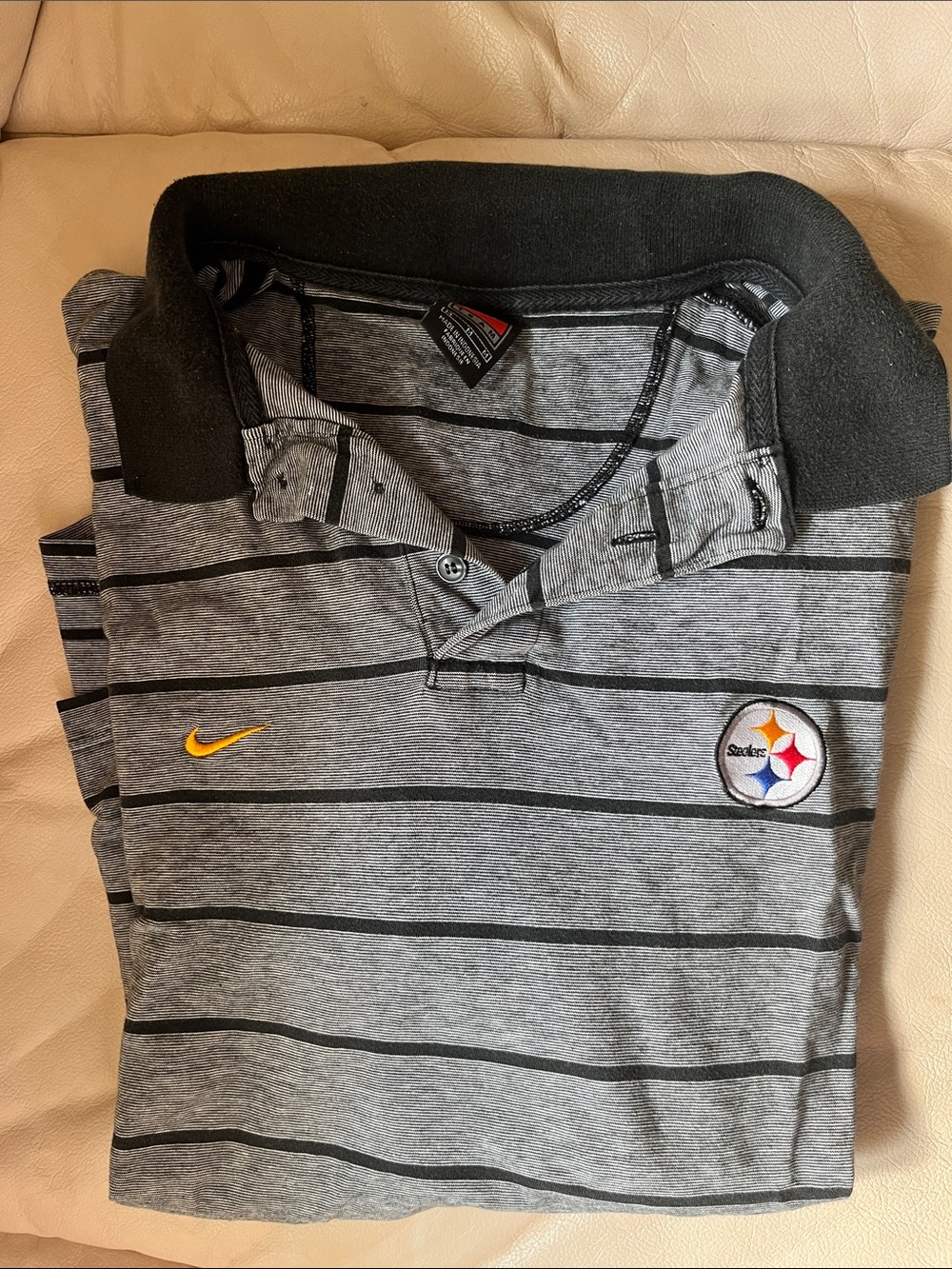 Nike Gray and Black Striped Pittsburgh Steelers Polo with Yellow Swoosh size M